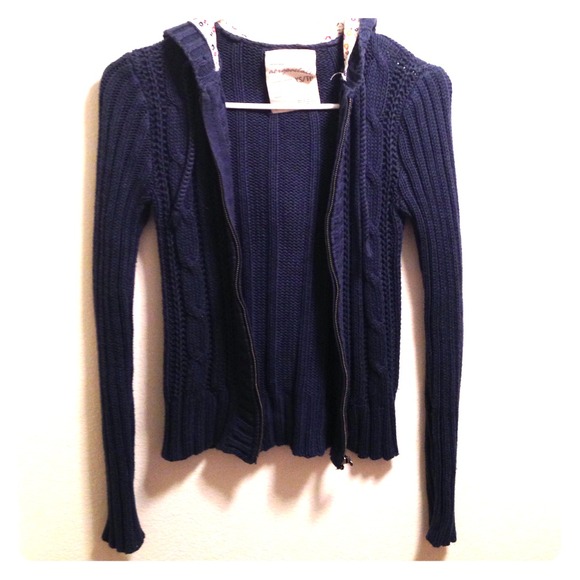 Navy blue knit zip up sweater w/ floral hood