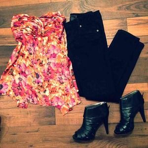 Strapless pink & orange floral blouse