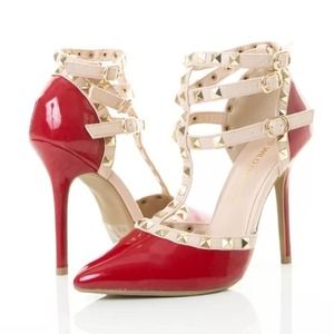 Studded double ankle strap pointy stiletto heels