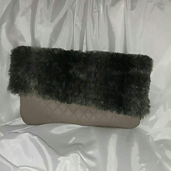 Asymmetrical Faux Fur/ Faux Leather Clutch