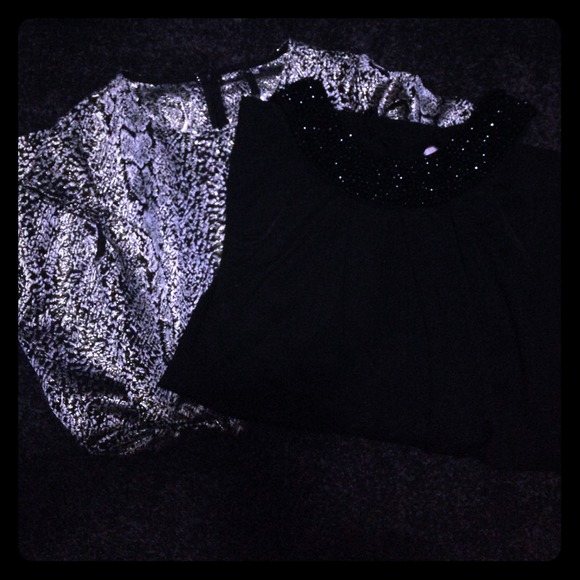 Black beaded neck dress and black/gold skin dress