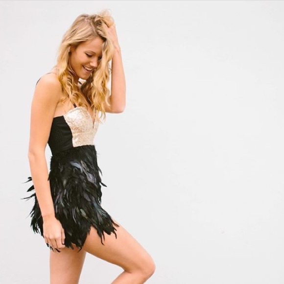 Sequins and feather strapless mini dress - Picture 2 of 2