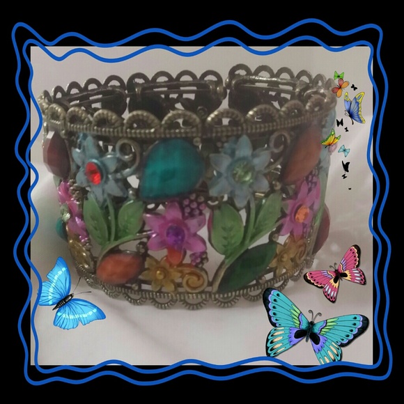 BEAUTIFUL!!!Multi-Gem Stone Wide  Cuff Bracelet