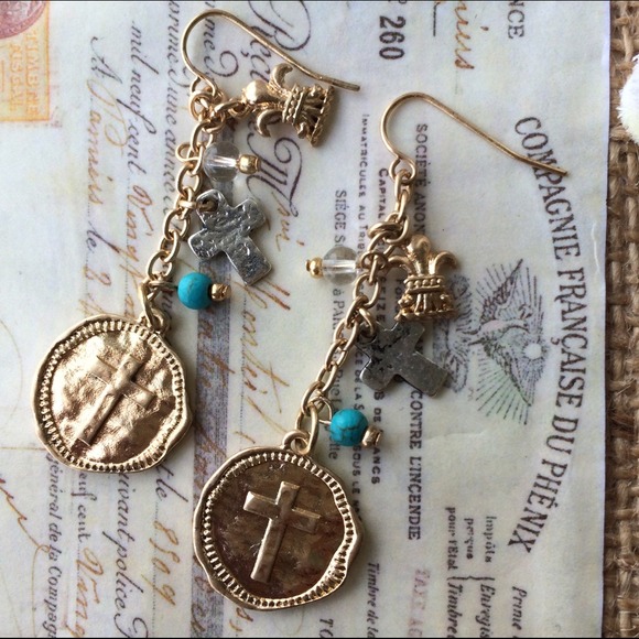 Cross Charm Gold Earrings - Picture 1 of 3