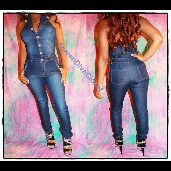 Dark faded blue denim jean halter jumpsuit romper - Picture 2 of 3