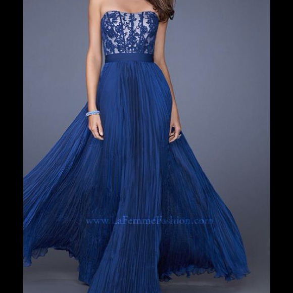 Strapless Blue Prom Dress with Lace Bodice