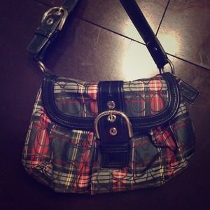 Coach Plaid Bag with Patten Leather Trim & Buckle