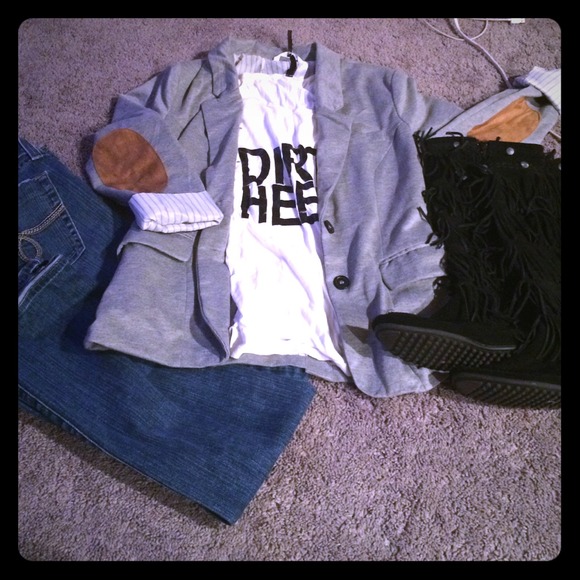 Grey polyester blazer with brown suede elbow patch
