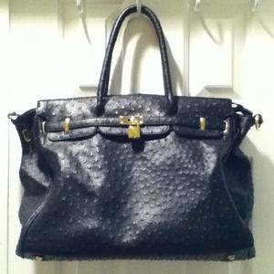 Used Large Black Birkin Inspired Ostrich Handbag