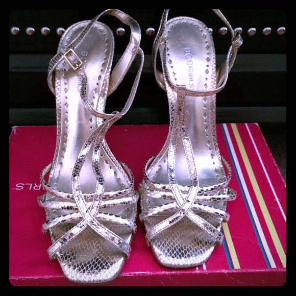 BCBG gold strappy heels