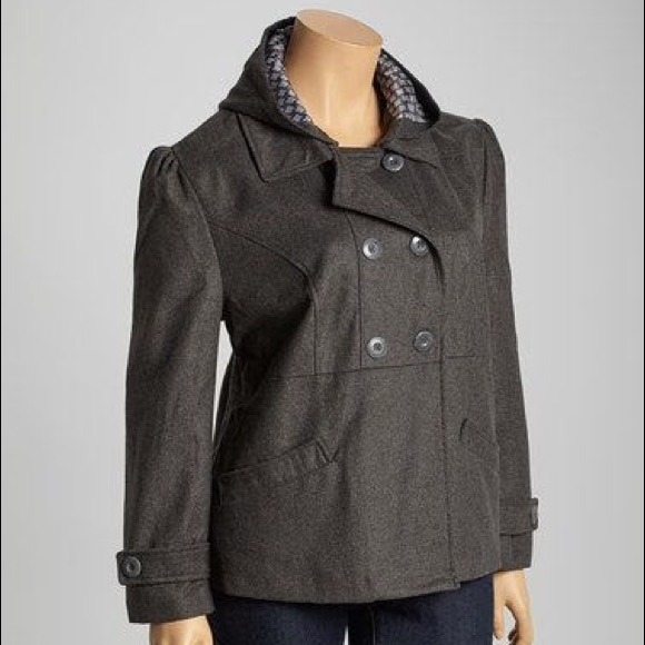 Charcoal grey detachable hood peacoat