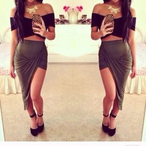 Medium olive asymmetrical wrap skirt