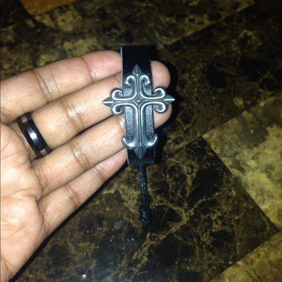 Silver cross leather bracelet