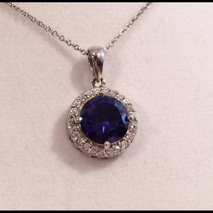 White Gold Plate Iolite CZ Pendant Necklace