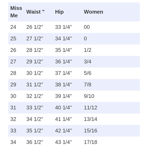 amanda jeans size chart