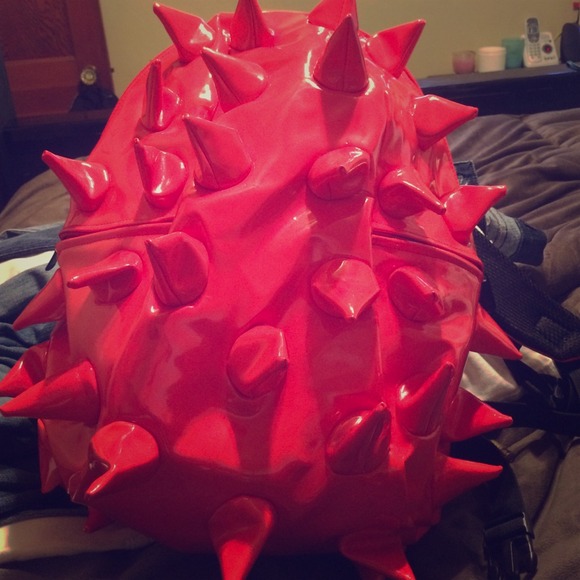 Red Leather Spiked Dino Backpack