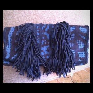 Tory Burch suede fringe and canvas clutch