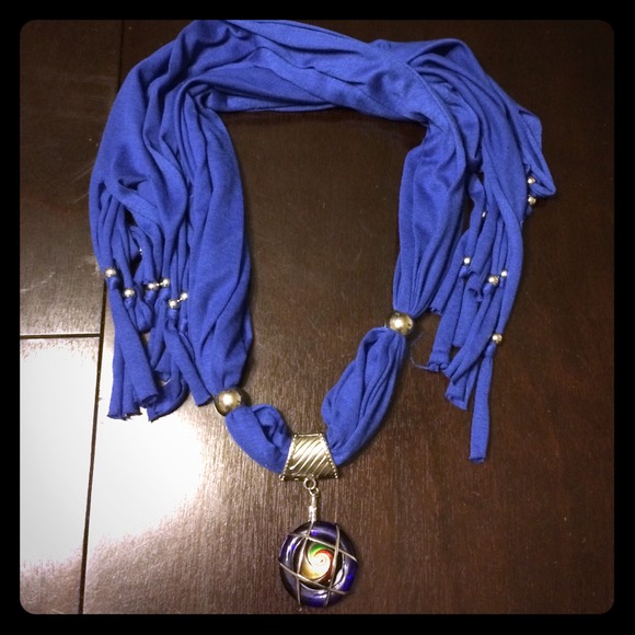 Blue Scarf with large multi color accent gem