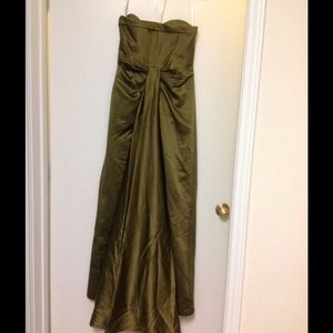 Long olive green bare shoulder gown..