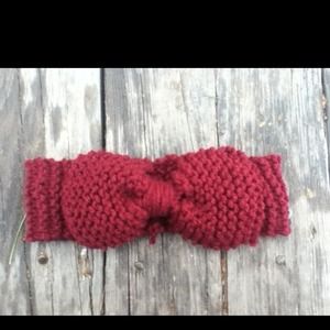 Hand knitted burgundy bow headband