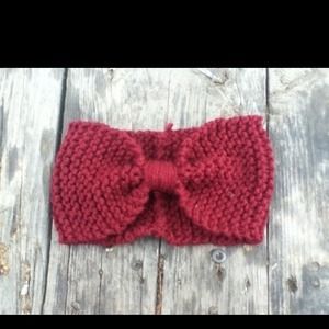 Hand knitted burgundy faux bow headband