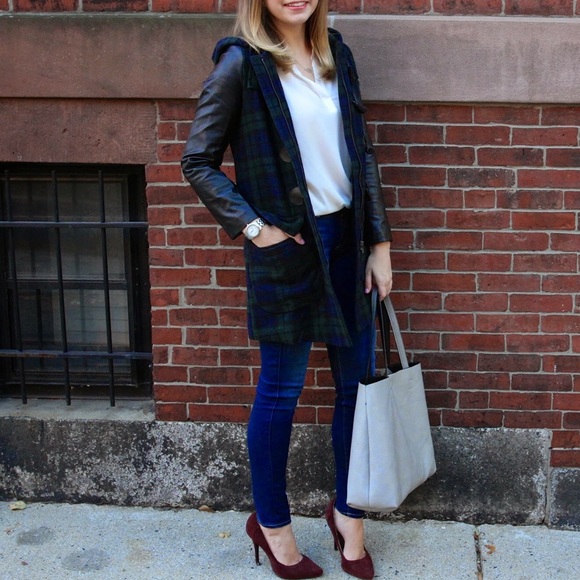 plaid coat with faux leather sleeves