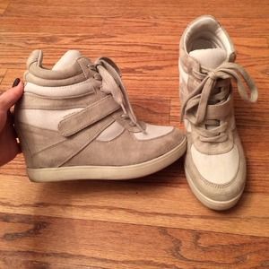 Canvas and Faux Suede-Taupe Wedge Sneakers