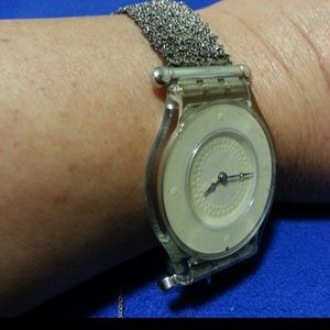 SWATCH silver mesh bracelet watch, beige face