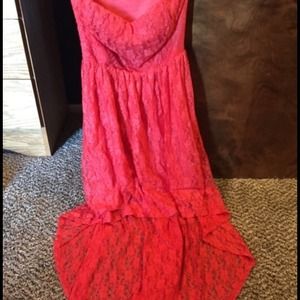 peach lace high low dress with open back