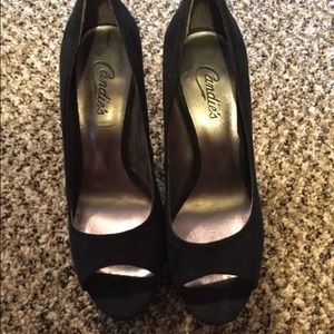 black suede open toe heels