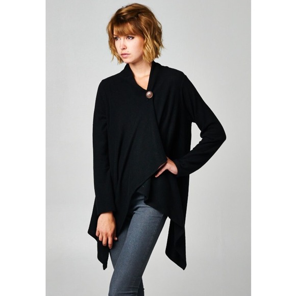 "Button Up" Asymmetrical Black Cardigan - Picture 2 of 4