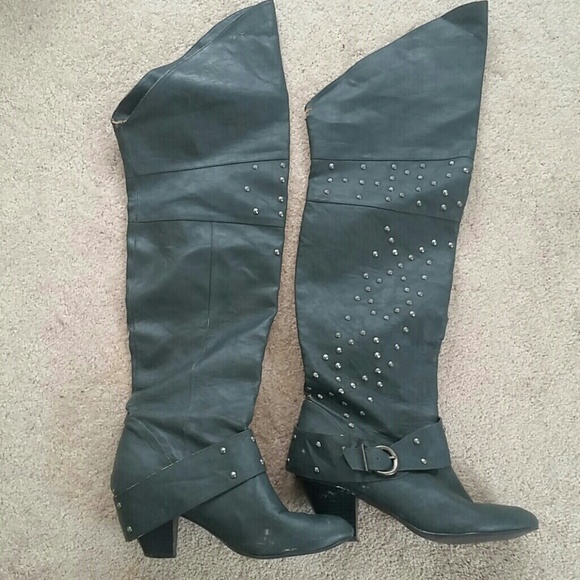 Grey-studded knee high boots