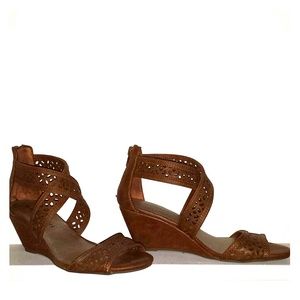 Cognac Faux Leather Strappy Wegde Sandals