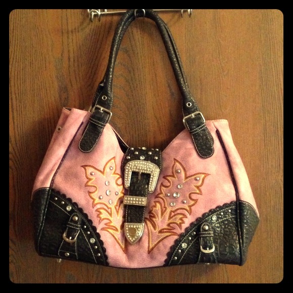 Pink western purse with buckles and rhinestones