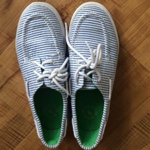 Blue and white seersucker polo shoes