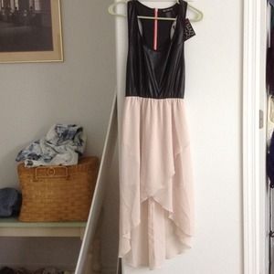 High low leather black pink chiffon zipper  dress