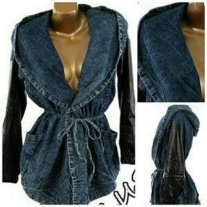 Denim hooded jacket with leather sleeves