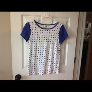 J Crew White And Blue Polk Dot Tee Shirt