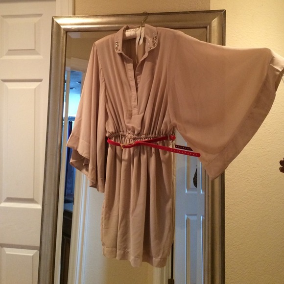 Sheer Bell Sleeve Belted Dress