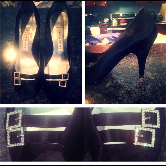 Black open toe 3 inch heels with gem buckles.