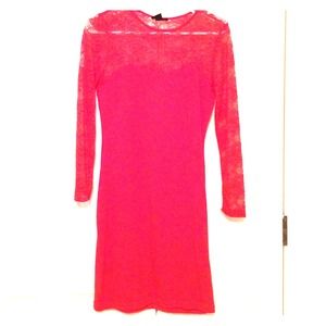 Red body con dress with lace detail