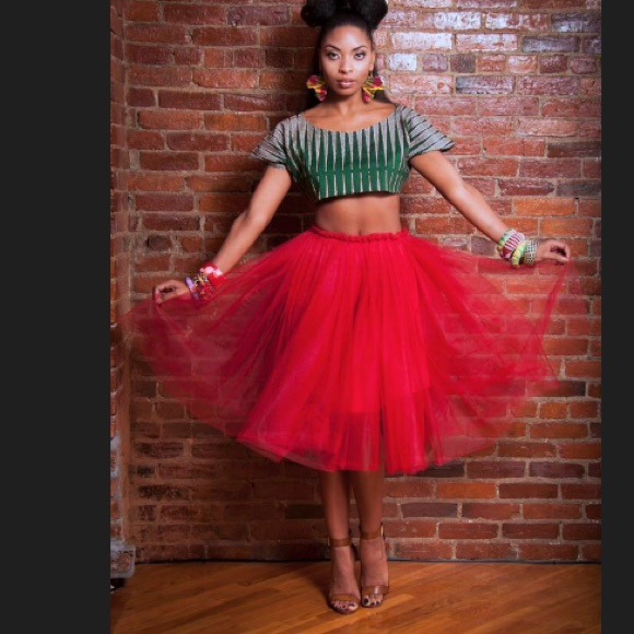 Red Midi Length Pleated Tulle Skirt - Picture 1 of 1