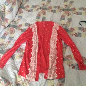 Cardigan with lace trim and tan polkadots