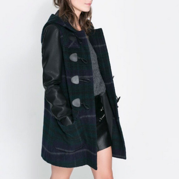 Zara Checked Duffle Coat Faux Leather Sleeves S