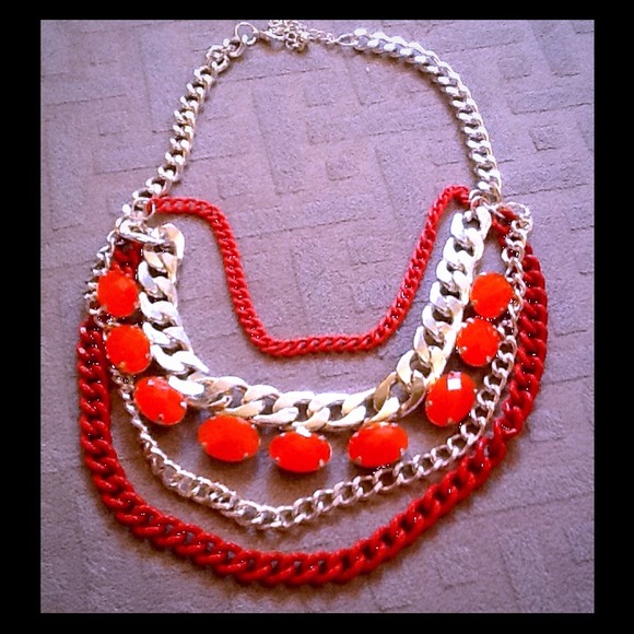 Statement Necklace - Unique silver & red/orange
