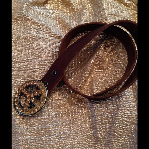 Brown leather w/ crystals Peace Sign belt - Picture 2 of 3