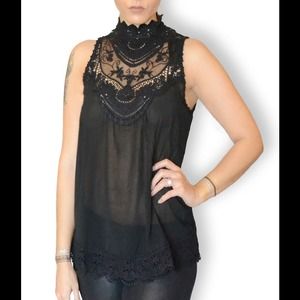 Black Sheer Crochet Neck Top