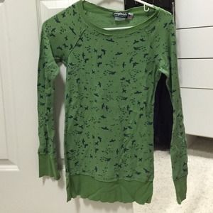 Green thermal shirt with navy birds, size small