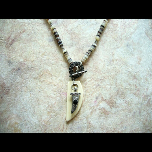 Double Horn Pendant Heishi Shell Bead Necklace