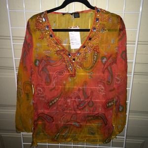 Orange yellow sheer jeweled top